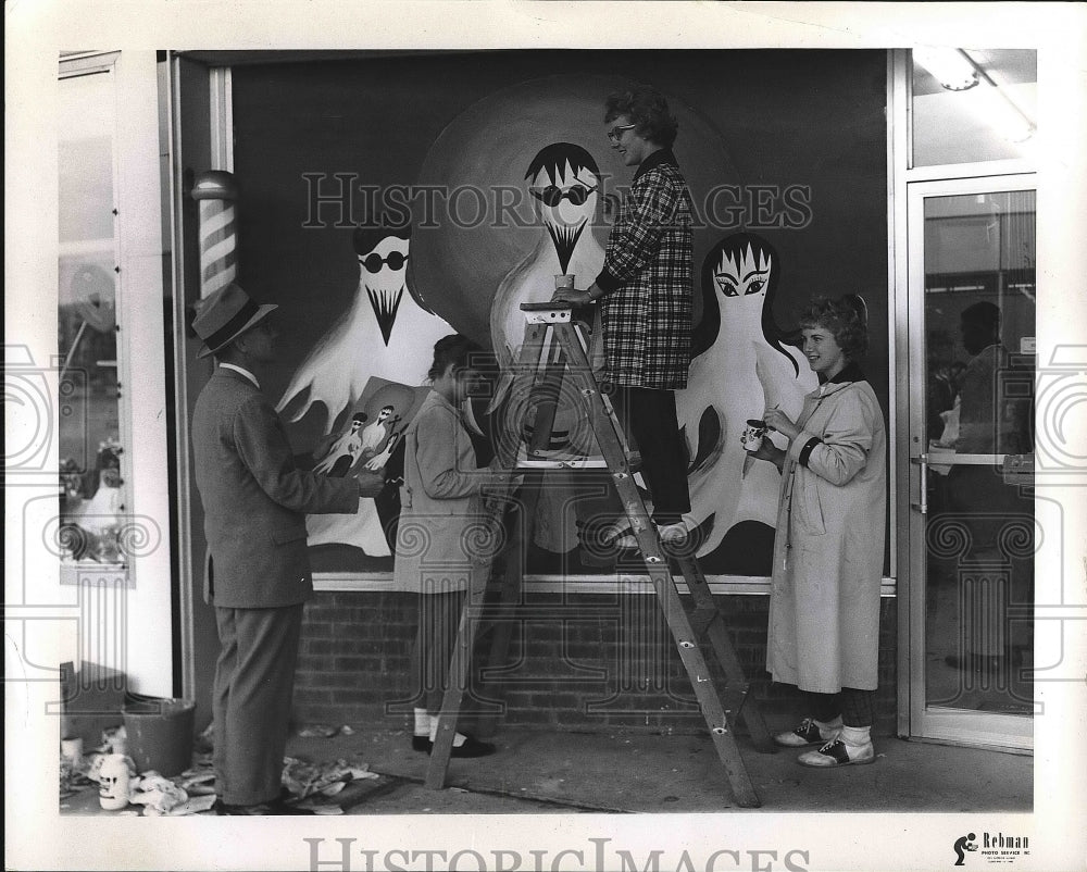 1959 Press Photo artists painting barber shop window - nea73194 - Historic Images