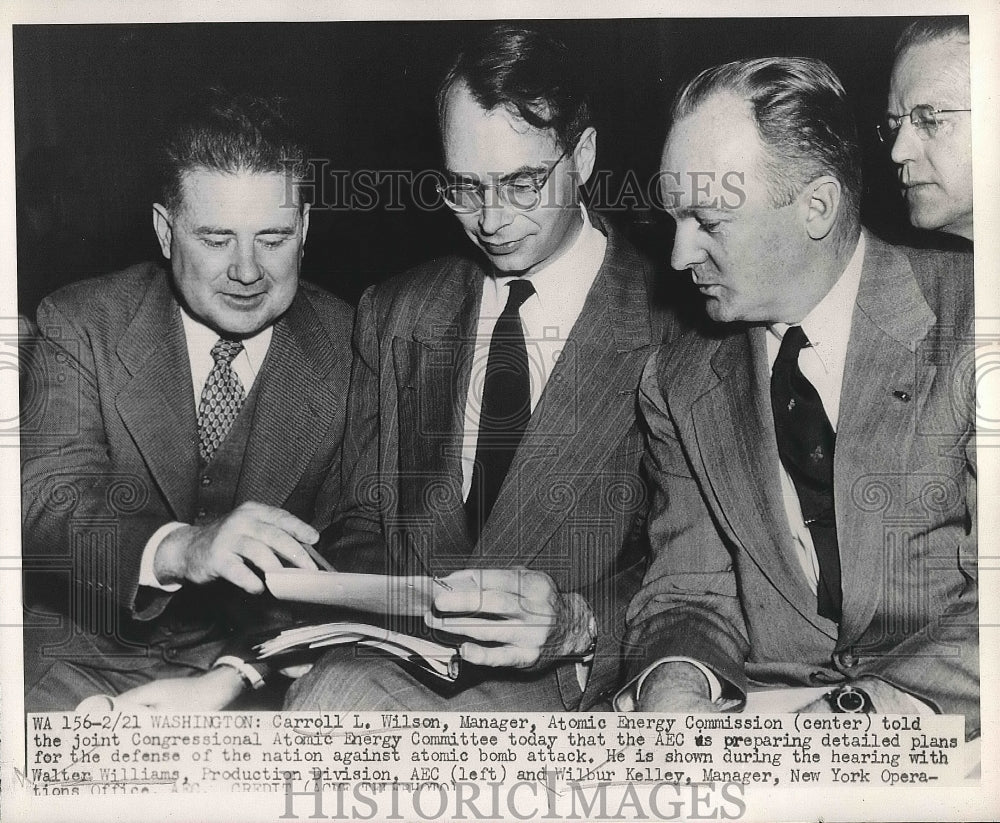 1949 Carroll Wilson, Walter Williams and Wilbur Kelly at meeting - Historic Images