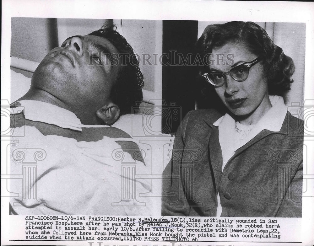 1956 Press Photo Hecto Melendez after being shot by Helen Monk in Calif. - Historic Images