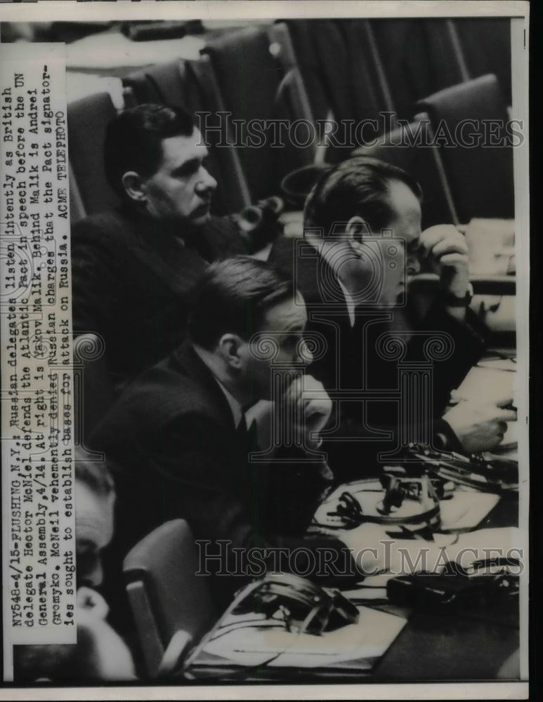1949 Press Photo Russian Delegates listen as Hector McNeil defends Atlantic pact-Historic Images
