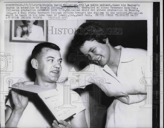 1957 Seth David McLlellan, polio patient, shows his Masters degree - Historic Images