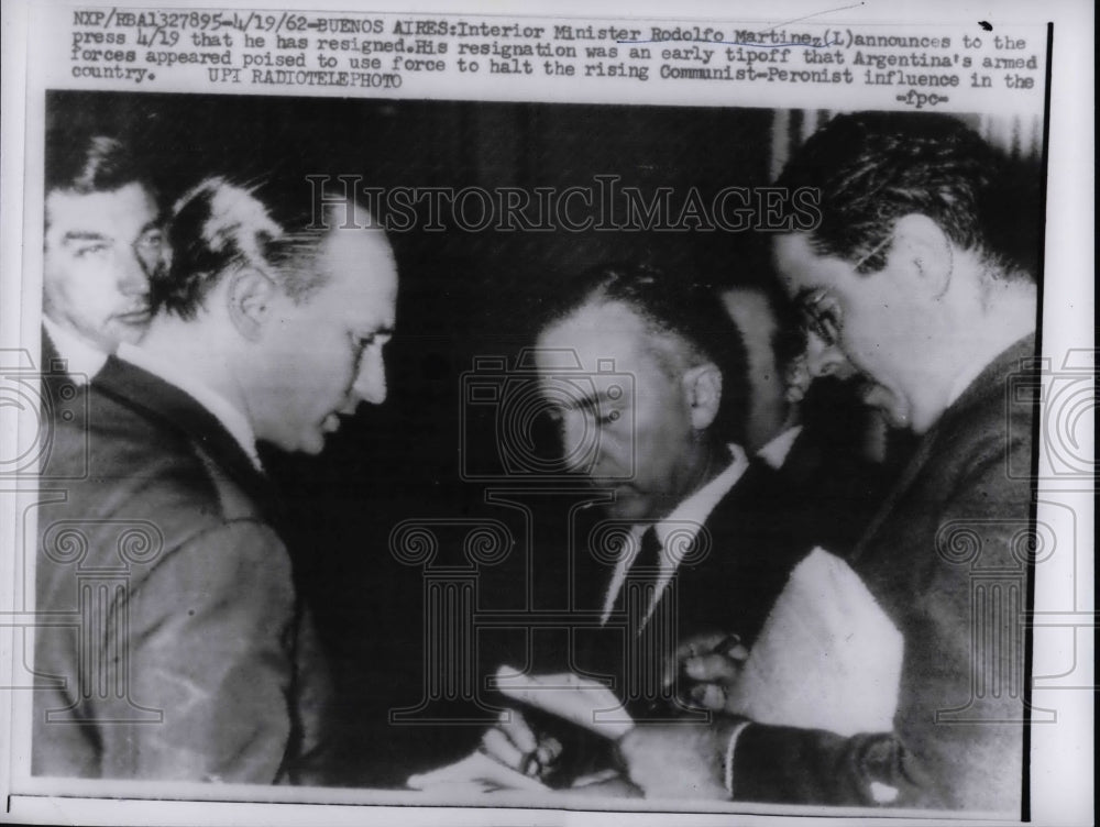 1962 Interior Minister Rodolfo Martinez Resigns Post Buenos Aires - Historic Images
