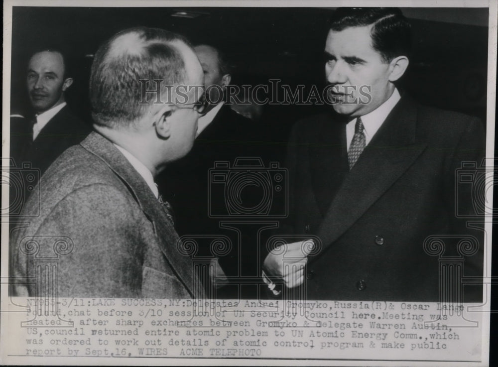 1947 Delegates Andrei Gromyko &amp; Oscar Lange of Poland before session - Historic Images