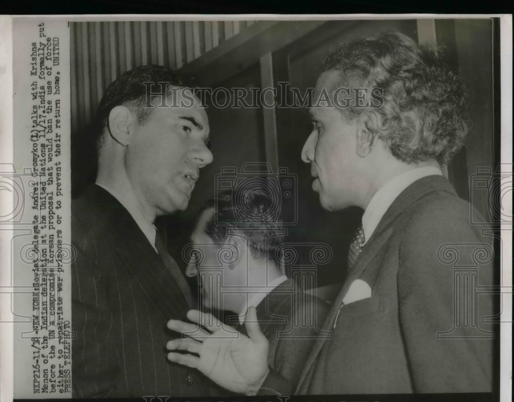1952 Soviet delegate Andrei Gromyko talks with Krishna Menon, Indian - Historic Images