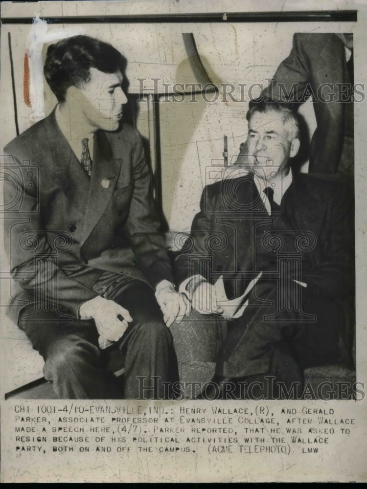 1948 Vice Pres. Henry Wallace and Prof Gerald Parker at Evanville. - Historic Images