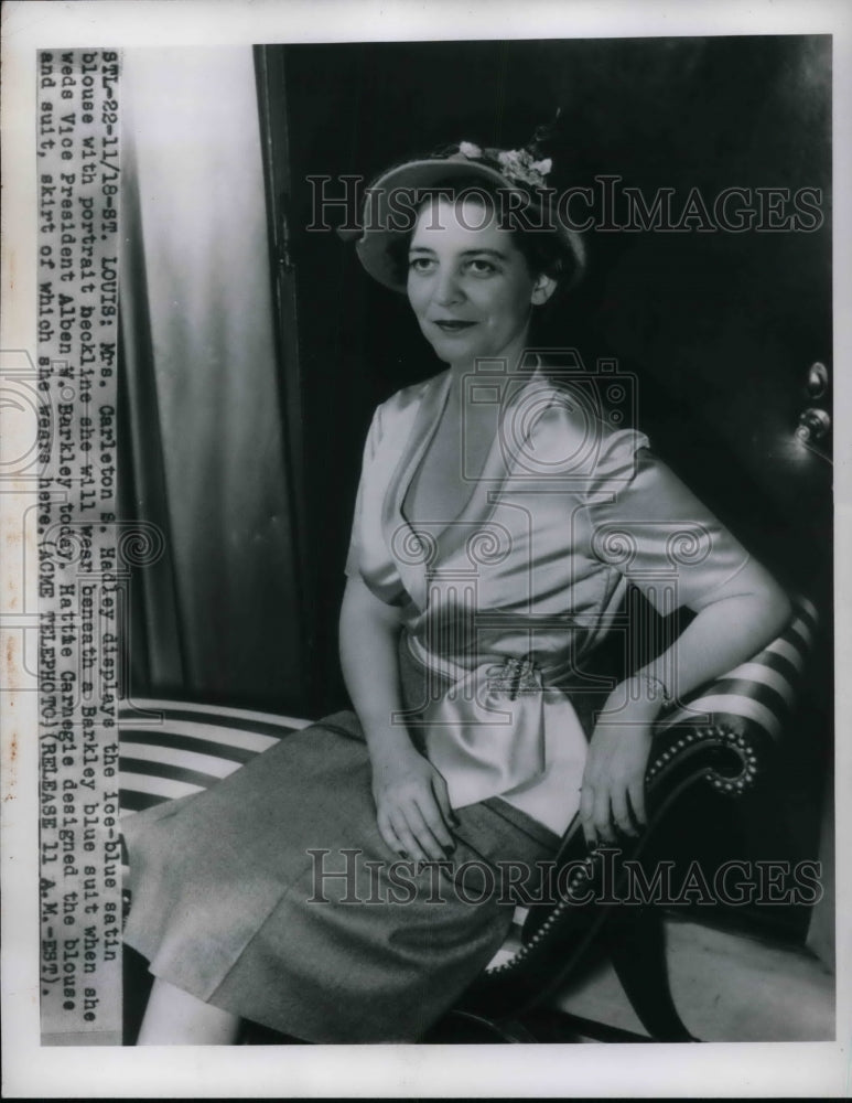 1949 Mrs Carlton Hadley in Blue Satin Ensemble  - Historic Images