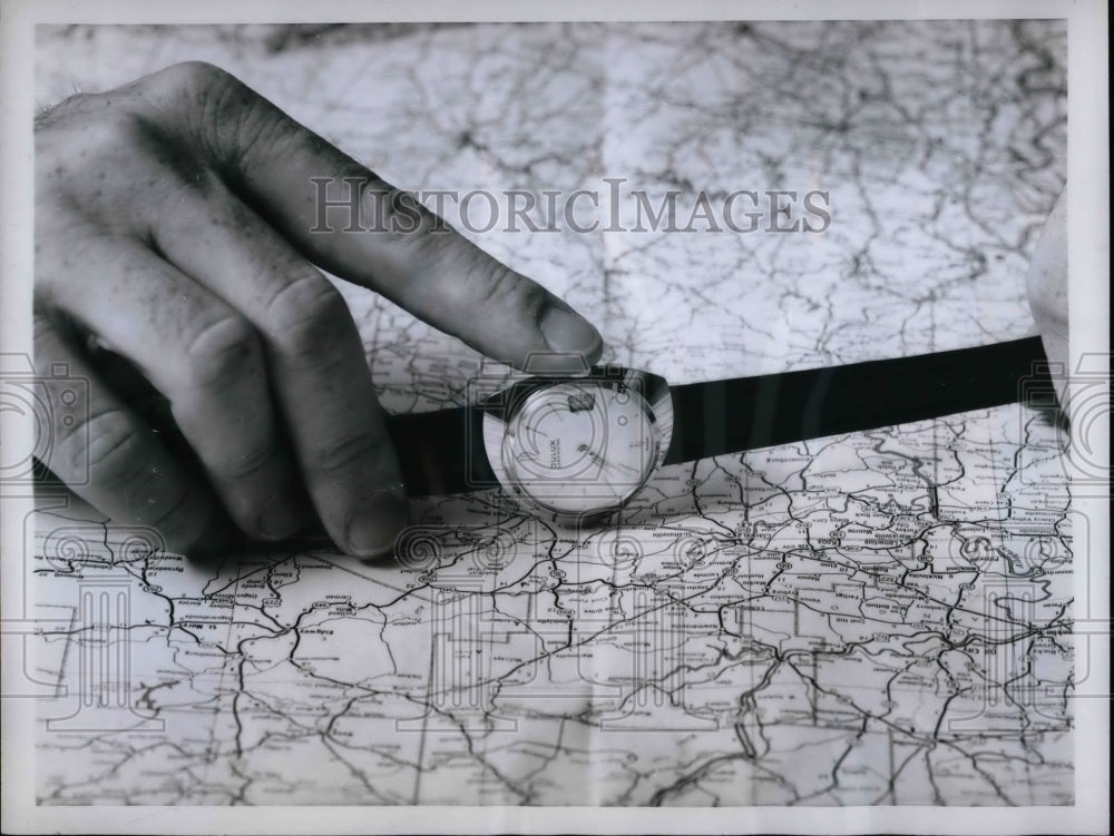 1959 Press Photo Swiss Watch That Registers Mileage Traveled on Map - Historic Images