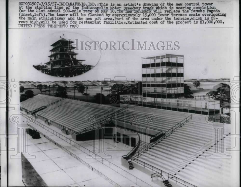 1957 Artist&#39;s drawing of the new control tower at the starting line - Historic Images