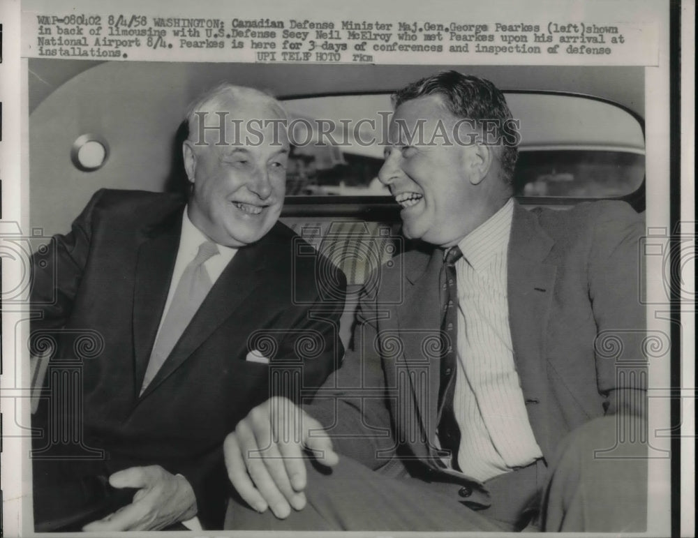 1958 Press Photo Canadian Defense Minister George Pearkes, Neil McElroy - Historic Images