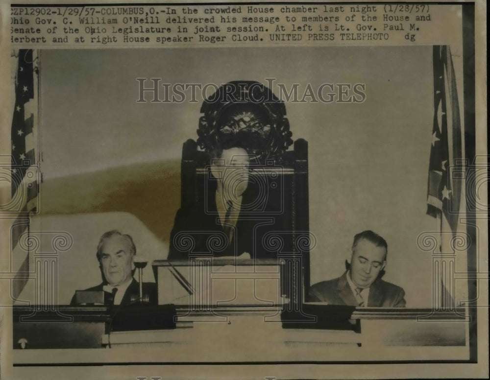 1957 Press Photo Ohio Governor C William O&#39;Neill Addresses Joint Session - Historic Images