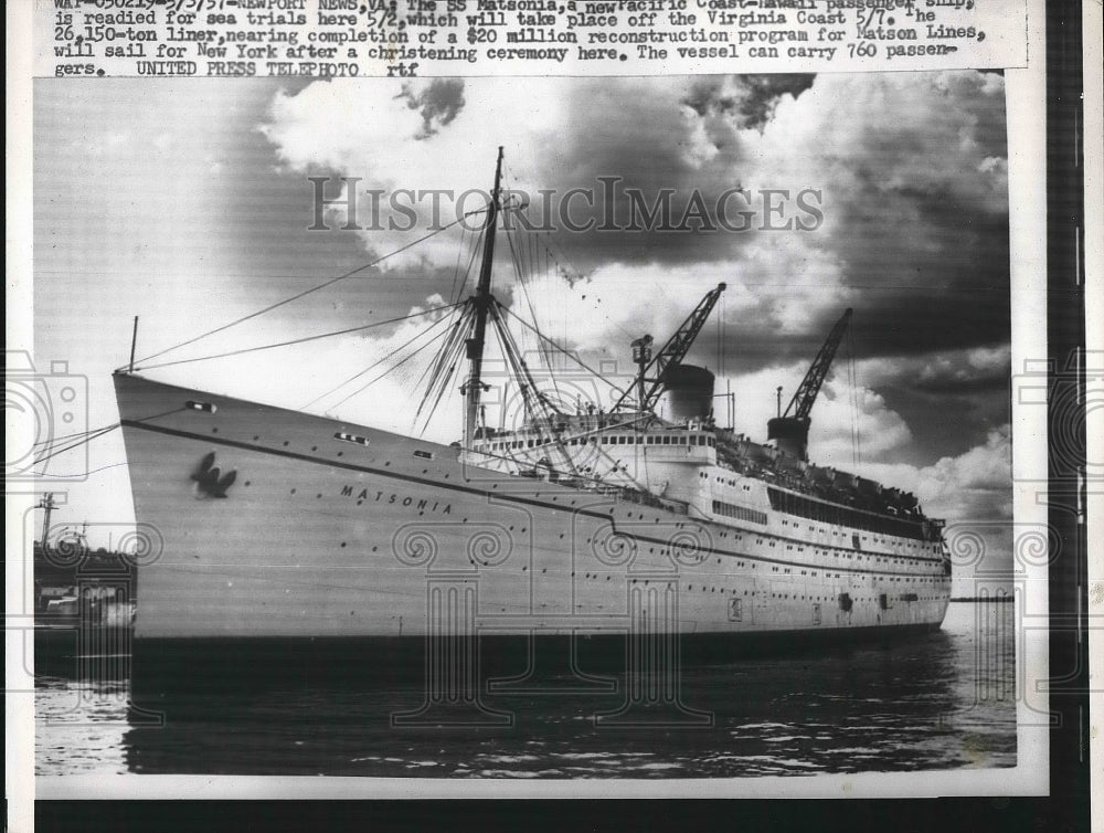 1957 Pacific Coast Boat Passenger SS Matsonia Virginia Ocean - Historic Images