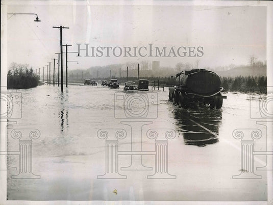 1937 Cars Plowing Through Two Foot Water Levels In Lon Island Town - Historic Images