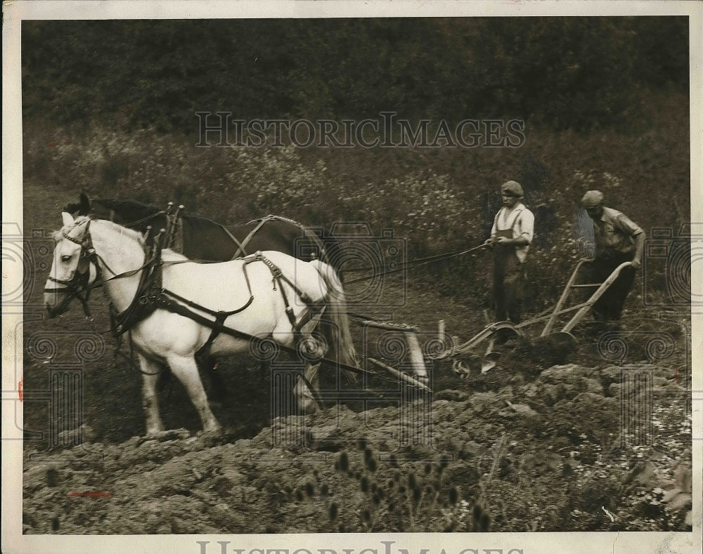 1932 Press Photo Fried Ritter and Ralph Oakes With Plow, Work on Road - Historic Images