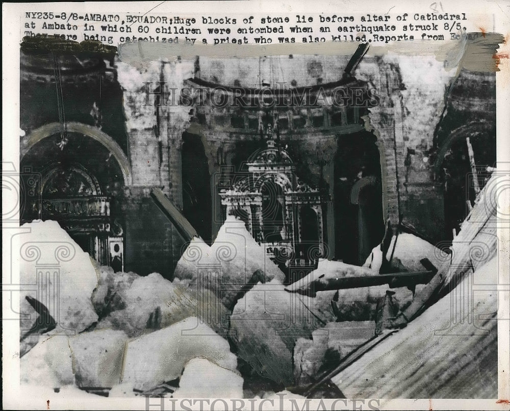 1949 Block of Stone at the Cathedral at Ambato after hit by a Quake - Historic Images