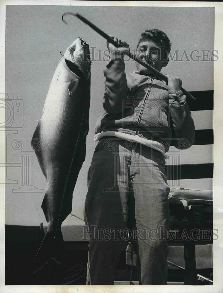 1962 Wedgeport, Nova Scotia. Eric Leder &amp; pollock fish he caught - Historic Images