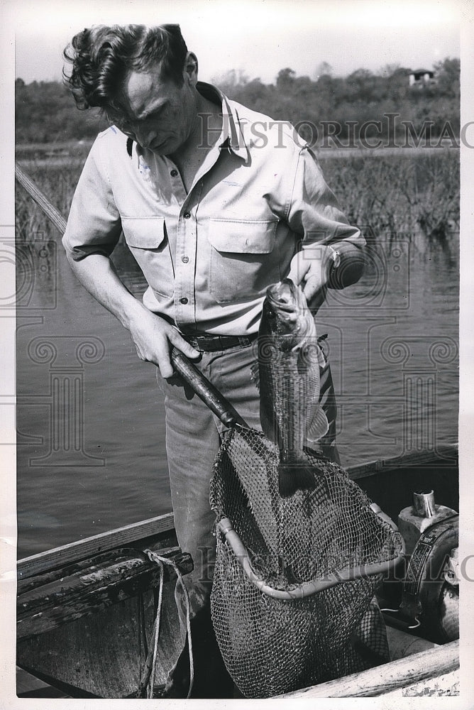 1953 Press Photo Roland Eisenbeis examines a 3-pound bass from County Lake - Historic Images
