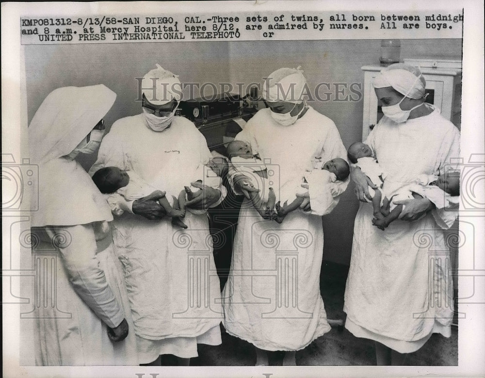 1958 Press Photo Three sets of twins Mercy Hospital Nurses - nea76867 - Historic Images