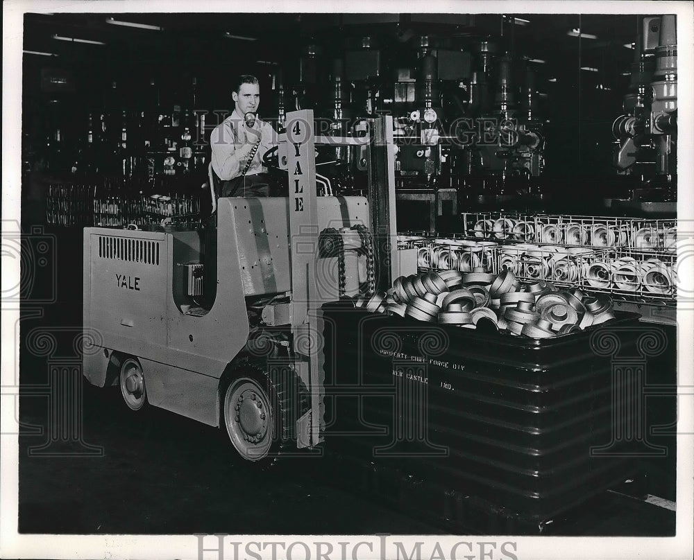 1954 Press Photo Chrysler Corp. in Indianapolis, afork lift driver & parts-Historic Images
