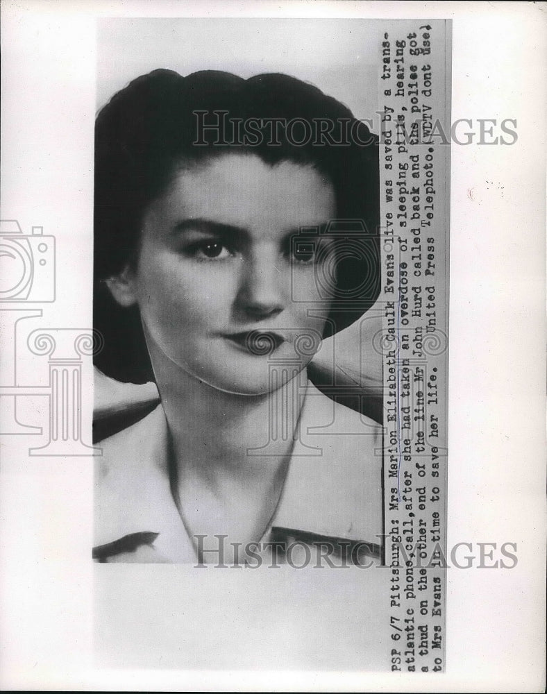 1954 Press Photo Mrs. Marion Elizabeth Caulk Evans took overdose, sleeping pills - Historic Images