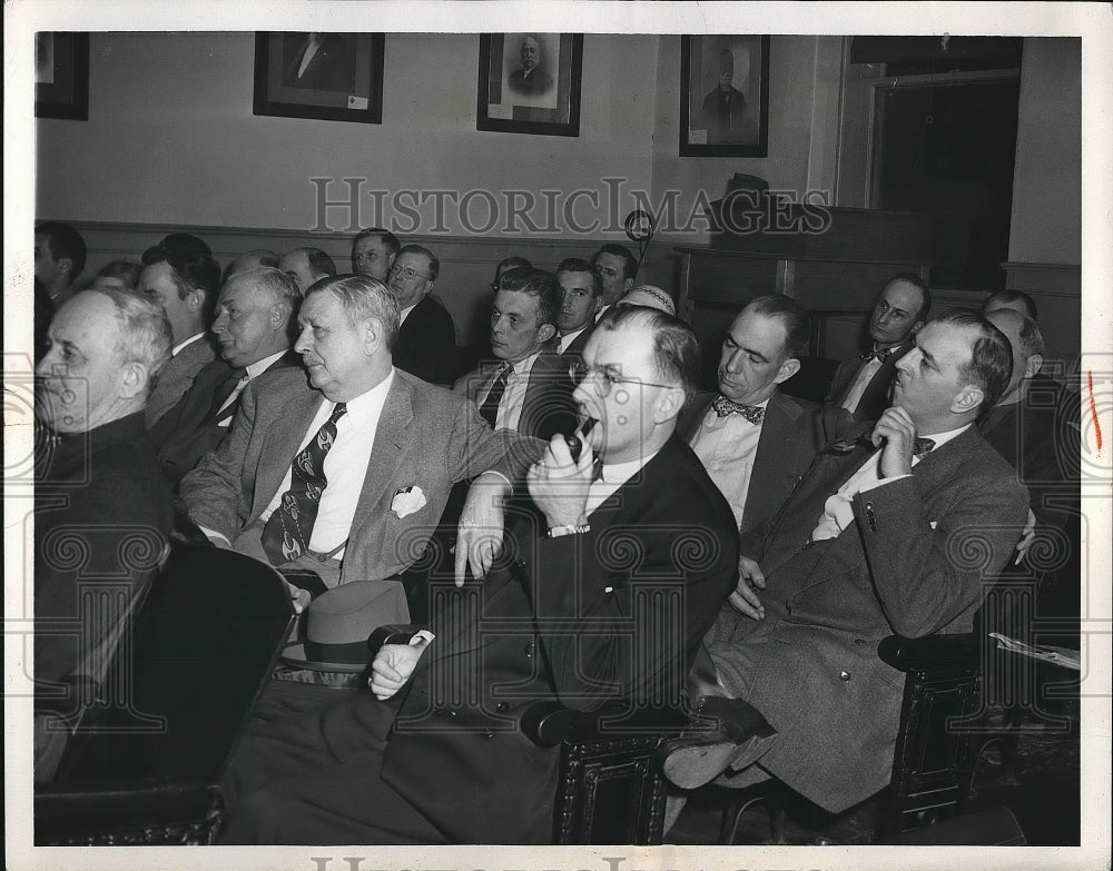 1954 Press Photo R. Shoup, Cleveland, listens to Elyria Turnpike talks - Historic Images