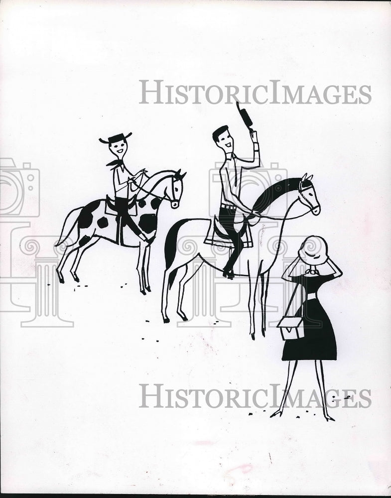 1963 Press Photo Drawing of a two men riding on a horse and a lady. - nea77753 - Historic Images