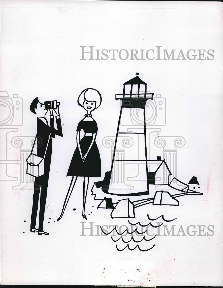 1963 Cartoon drawing of man photographing a woman  - Historic Images