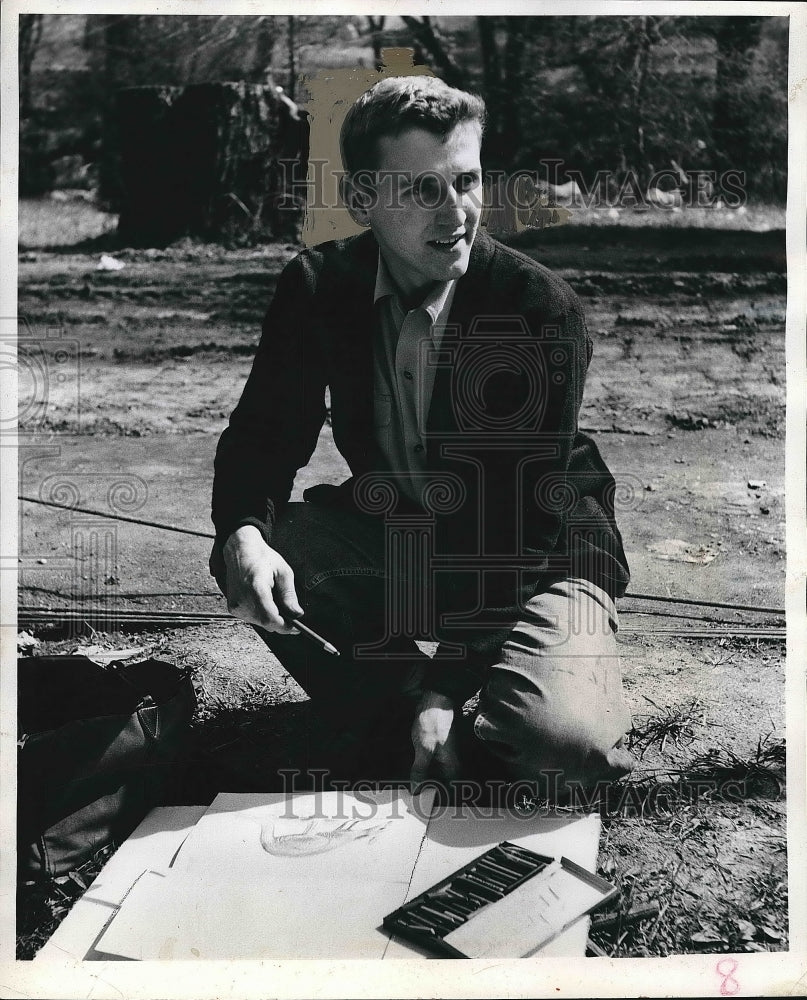 1949 Press Photo Leonard Zomiska Works On Picture With Makeshift Easel-Historic Images