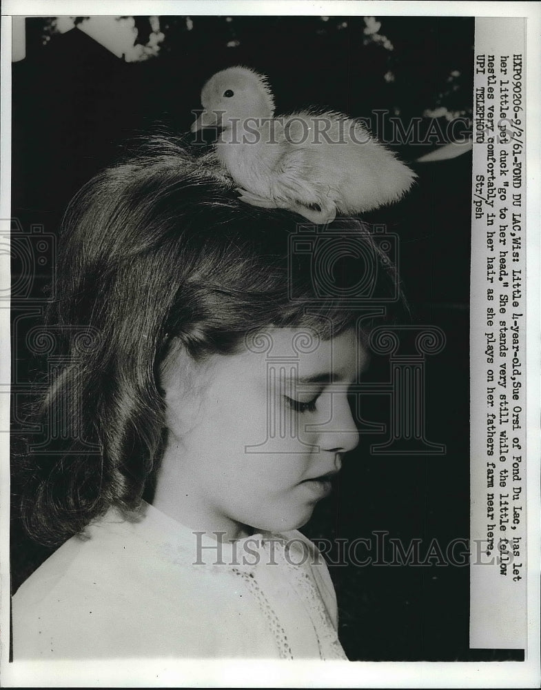 1961 Press Photo Sue Orsi Has Pet Duck On Her Head in Fond Du Lac - Historic Images