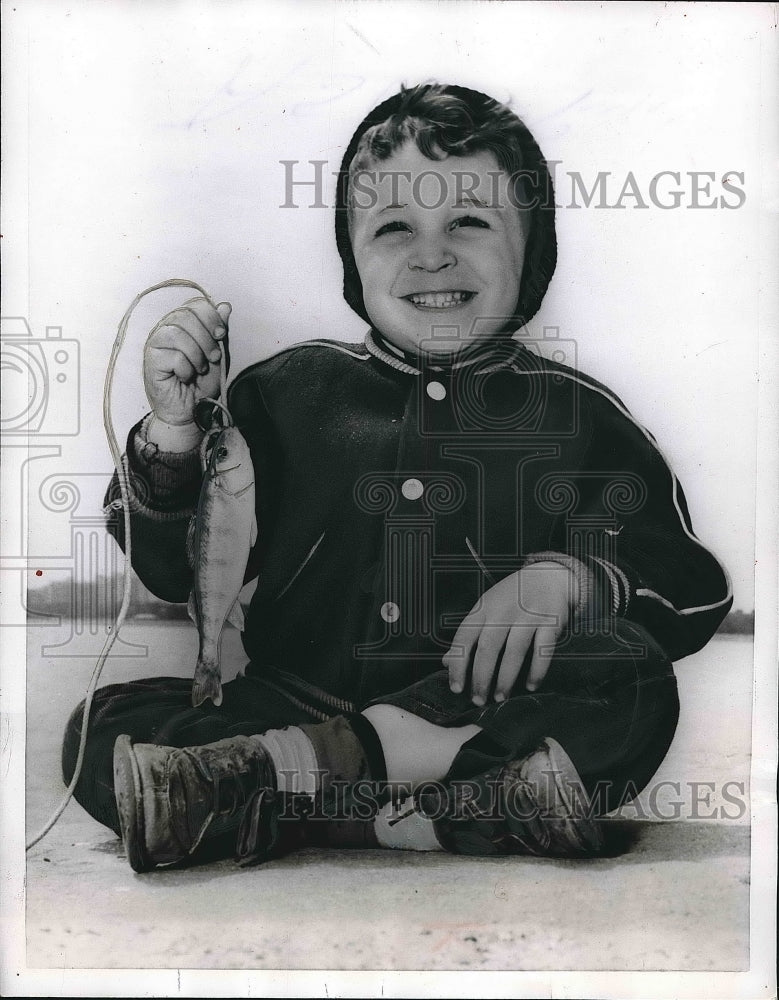 1956 Chicago, Ill David Ford. age 4 &amp; fish he caught  - Historic Images