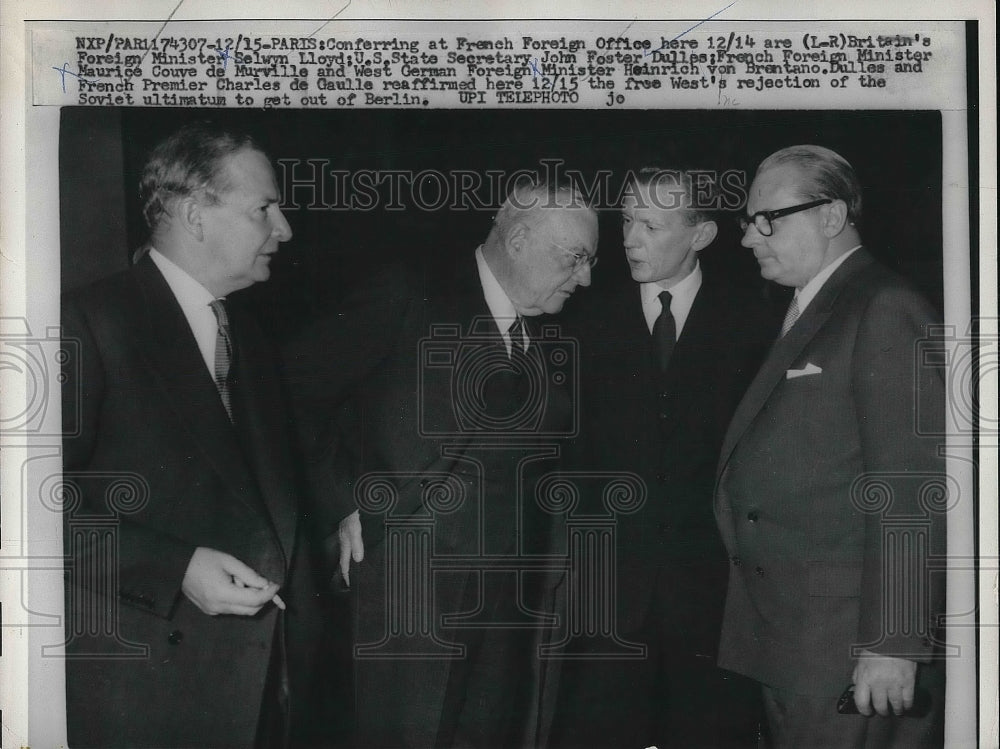 1958 US Sec of State J F Dulles,Britain&#39;s S.Lloyd &amp; French Murville - Historic Images