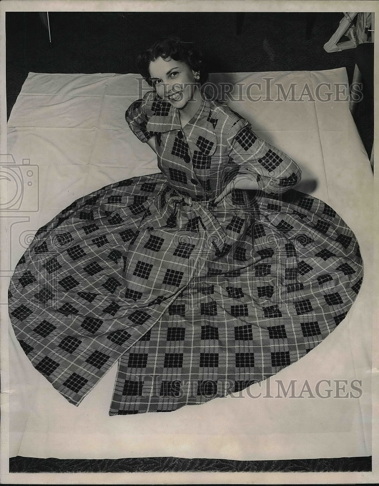 1950 Lois Meidinger models a circle skirted, cotton housecoat - Historic Images