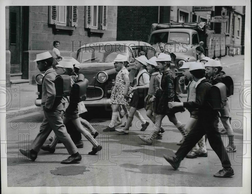 1962 German Students Crossing Street in Heilbronn Wearing Caps - Historic Images