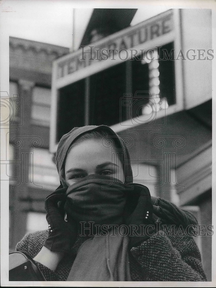 1958 Deanna Ashbury wearing protection from cold weather at YWCA - Historic Images