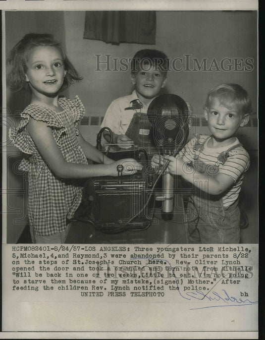 1957 Press Photo 3 Youngsters at St Josephs Church - nea80060-Historic Images