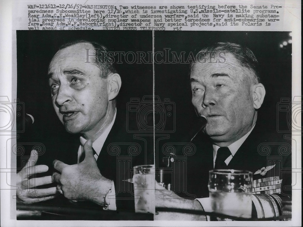 1957 Press Photo Rear Adm. C.E&gt; Weakley and Rear Adm. W.F. Rayborn at trial-Historic Images