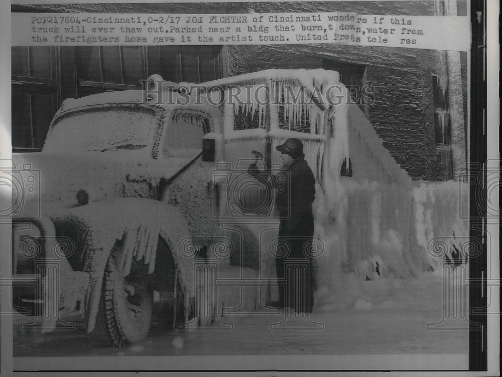 1958 Joe Fichter Looks at Ice Covered Truck in Cincinnati - Historic Images