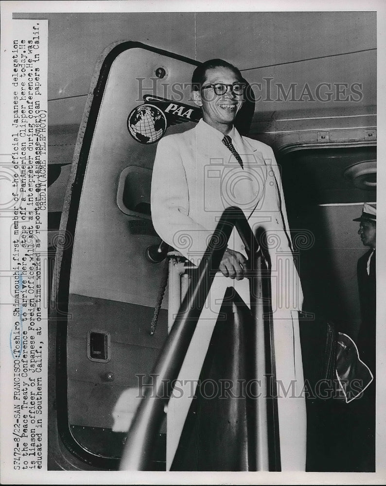 1951 Press Photo Japan&#39;s Toshiro Shimanouchi Arrives in San Francisco, - Historic Images