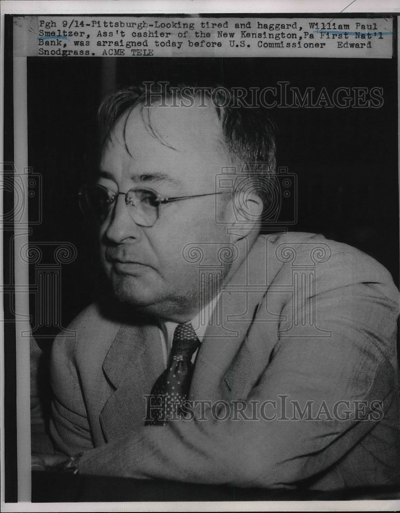 1951 Press Photo William Paul Smeltzer of First National Bank Arraigned - Historic Images