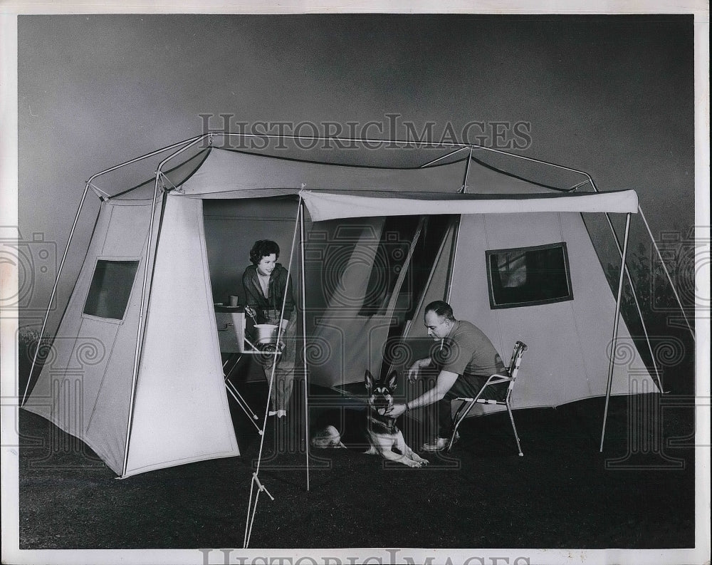 1961 View Of Couple In Tent Camping With Dog  - Historic Images