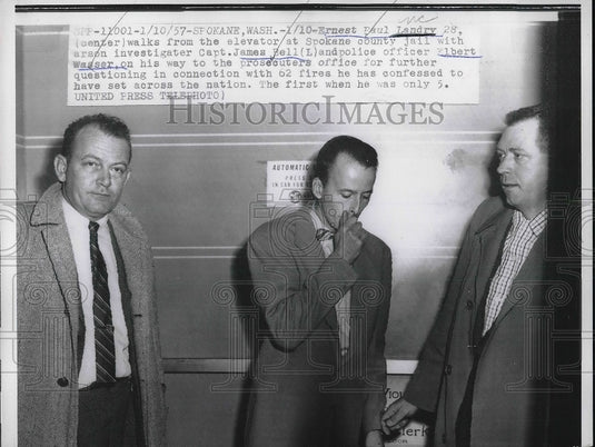 1957 Press Photo Ernest Paul Landry, Capt. James Bell, Policeman Elbert Wasser - Historic Images