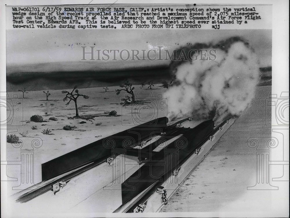1959 Press Photo Artists rendition of rocket propelled sled - nea80994 - Historic Images
