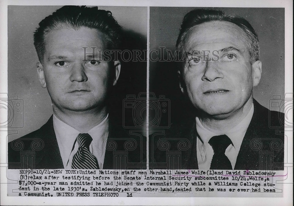1953 Press Photo James Wolfe and David Zabledowsky testifying at senate - Historic Images