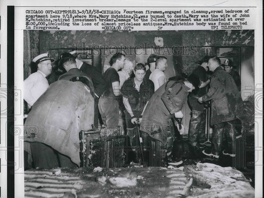 1958 Press Photo Firemen cleaning up after house fire - nea81134 - Historic Images