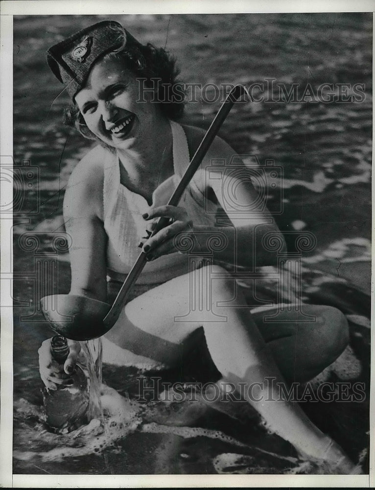 1936 Press Photo Isabelle Steven, TWA Hostess Filling Bottle for Christening - Historic Images