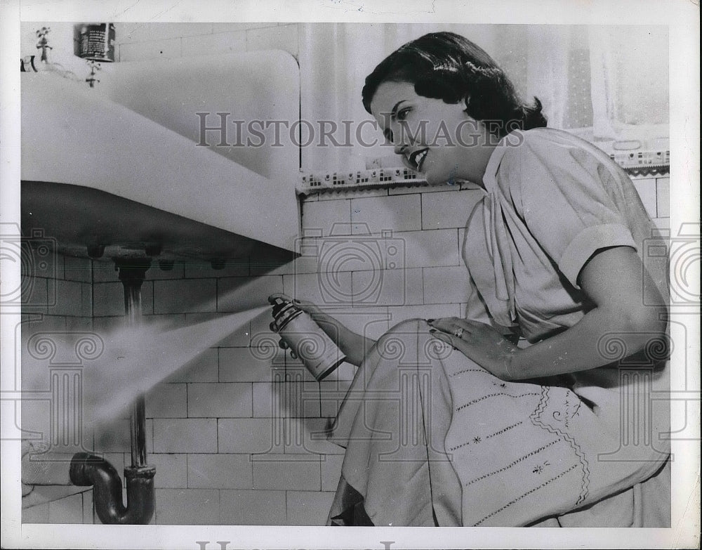 1950 Press Photo Lady using Household Spray Under Sink - nea81733 - Historic Images