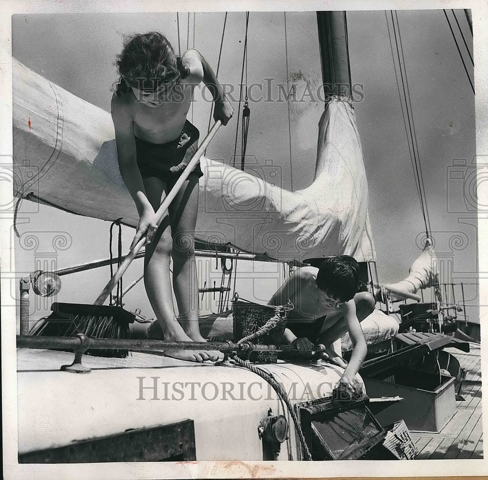 1952 Inge Wandschneider and Brother Berad Scrub Deck of &#39;Optimist&quot; - Historic Images