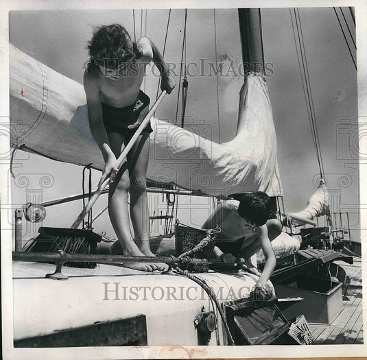 1952 Inge Wandschneider and Brother Berad Scrub Deck of 'Optimist" - Historic Images