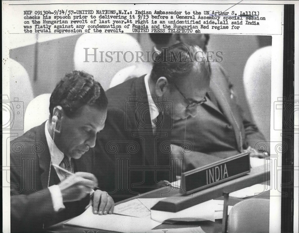 1957 Indian Ambassador Arthur Iall at general assembly  - Historic Images