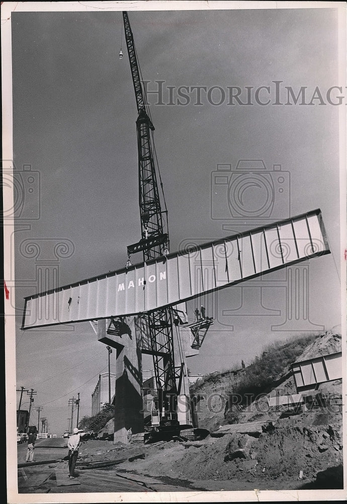 1963 Steel girder placed for bridge on Wilson freeway in Ohio - Historic Images