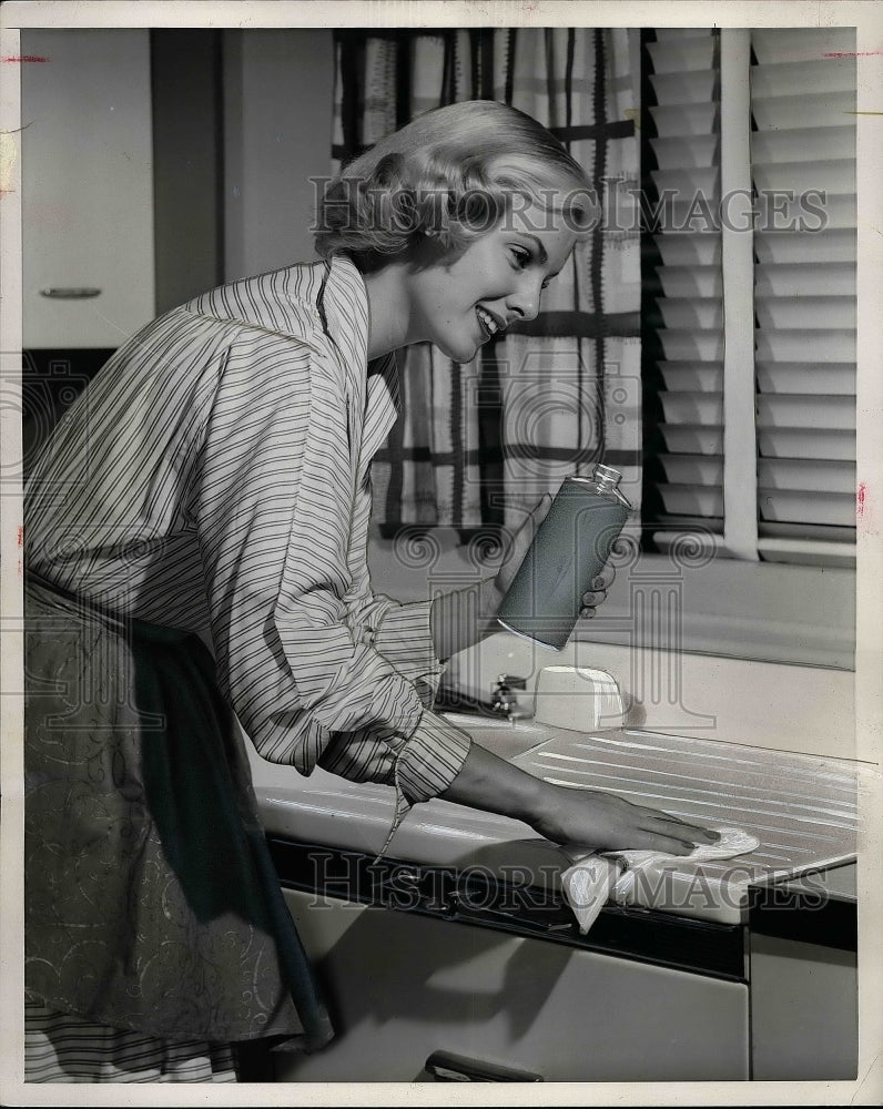 1954 Lady Demonstrates New Liquid Cleaner For Porcelain  - Historic Images